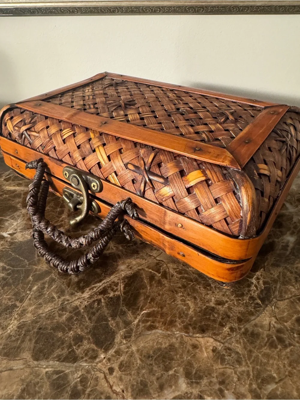 Vintage Woven Wood Storage Box / Trinket Case with Braided Handle